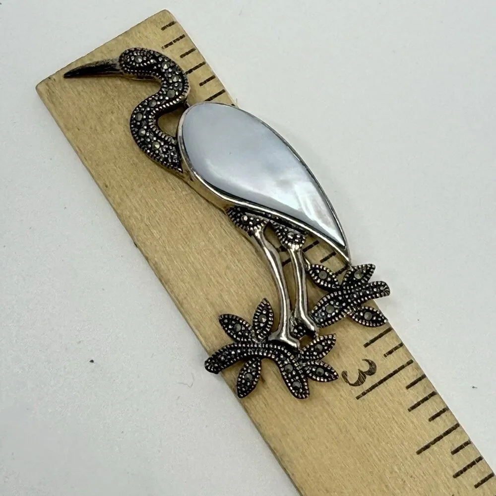 Vintage Sterling Silver Marcasite Mother Of Pearl Standing Heron Bird Brooch 13g